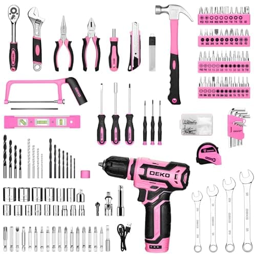 Pink Tool Kit Box Drill Set：DEKOPRO Home Mechanic Toolbox with 12V Power Cordless Drill Hand Repair Tools Sets Combo Kits Storage Organizer Drawer Case for Men & Women
