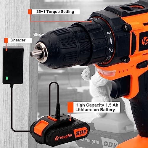 Tool Kit with Drill, Yougfin 20V Cordless Power Drill with 2 Batteries & Charger Drill Sets Combo Kit for Men 114 pcs Household Hand Tools for Home Apartment Dorm Repair