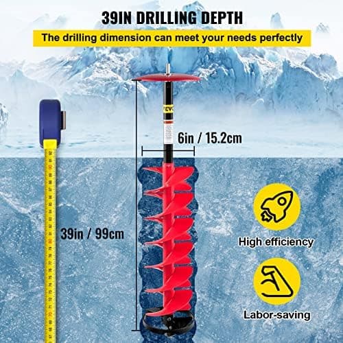 VEVOR 6" Diameter 39" Length Nylon Corless Ice Auger Drill Bit for Ice Fishing with Extra 11.8" Extension Rod, Drill Adapter, Top Plate and Blade Guard