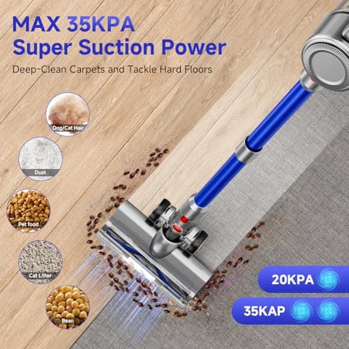 Cordless Vacuum Cleaner, 8 in 1 Powerful Stick Vacuum with 45min Runtime, Anti-Tangle Vacuum Cleaners for Home, Lightweight Handheld Wireless Vacuum for Hardwood Floor Carpet pet Hair, Blue