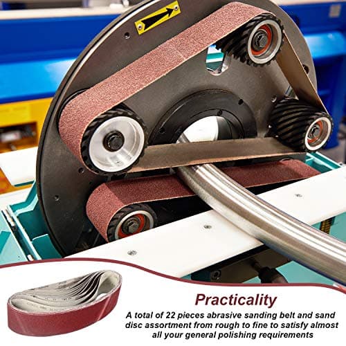 Blulu 22 Pieces Sanding Belts and Sanding Discs Set Includes 4 x 36 Inch Belts (80/120/150/240/400 Grits) and 6 Inch Self Adhesive No Hole Alumina Disc for Bench Combination Sander Woodworking