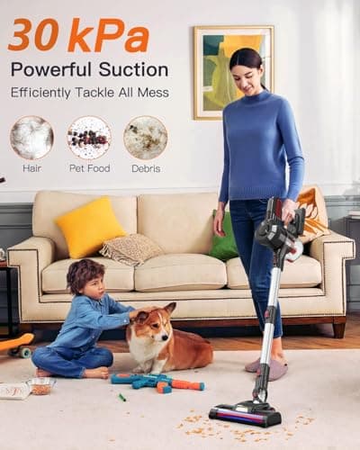 Cordless Vacuum Cleaner,30Kpa Cordless Stick Vacuum with 210W Brushless Motor, 45Mins Runtime, Detachable Battery, Lightweight Vacuum for Hard Floor, Carpet, Pet Hair