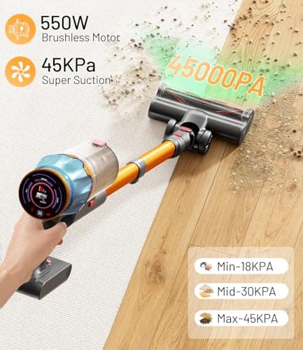 Cordless Vacuum Cleaner, 45Kpa/550W Stick Vacuum with Touch Screen, Max 65Mins Vacuum Cleaners for Home, Upgraded Green Light & Anti-Tangle Wireless Vacuum for Pet Hair/Carpet/Hardwood Floor