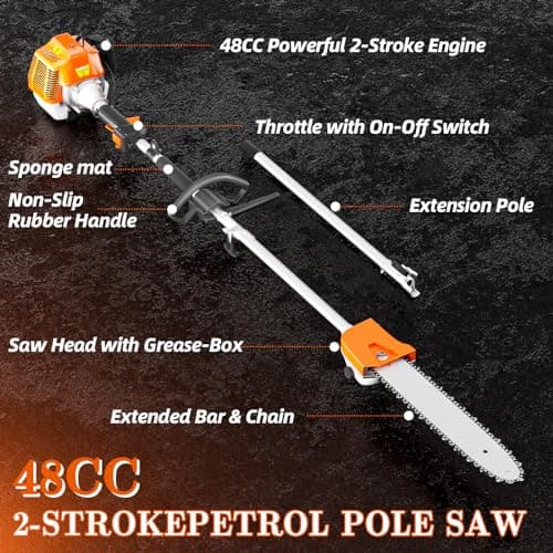 48CC Gas Powered Pole Saws,2-Stroke Gas Pole Saws for Tree Trimming with11.5in Cutting Bar,16 FT Extendable Pole Chainsaw Tree Trimmer