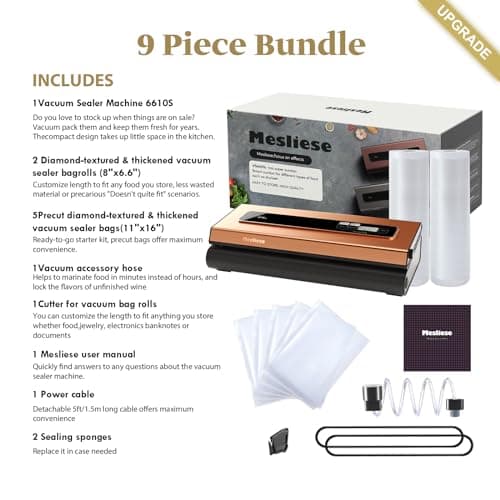 Vacuum Sealer Machine Powerful 90Kpa Precision 6-in-1 Compact Vacuum Food Preservation System Built-in Cutter, 2 Bag Rolls & 5 Pre-cut Bags, Dry&Moist Modes Smart Suction, ETL Listed (Copper)