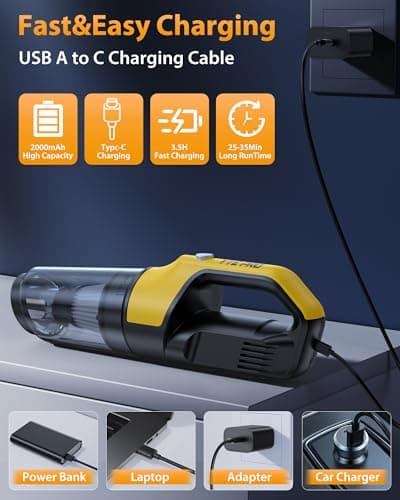 Handheld Vacuum Cordless 1.1 Pounds Car Vac 10000PA Hand Held Vacuums 4-in-1 Hand Vac Cordless Rechargeable HEPA Filter Large Capacity Dust Cup for Car Office Home Pets Hair (Yellow＆Black)