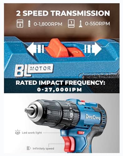 Dong Cheng 20V Brushless Heavy-duty Impact Drill, 443 in-lbs, 27000 IPM, 1/2" Keyless Metal Chuck, 20+1+1 Clutch, Cordless Hammer Drill with 2 Battery Kit for Drilling Brick Wall, Metal, Wood