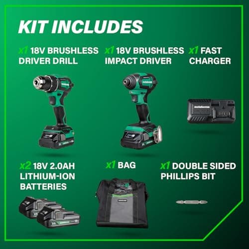 Metabo HPT 18V MultiVolt Cordless Brushless Driver Drill & Impact Driver Combo Kit, Power Tool Kit, 2 Lithium-Ion Metabo HPT Batteries and Charger, High Torque, Compact Lightweight Design, KC18DEXQB