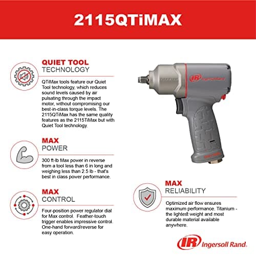 Ingersoll Rand 2115QTiMAX 3/8” Drive Air Impact Wrench, Quiet Tool, Lightweight 2.5 lb Design, Powerful Reverse Torque Output Up to 300 ft lbs, 7 Vane Motor, Max Control, Gray
