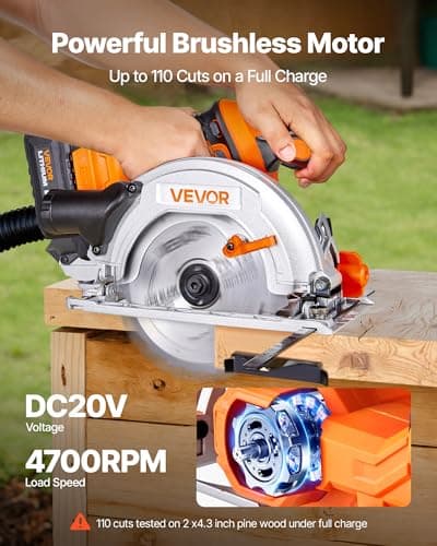 VEVOR Cordless Circular Saw, 6-1/2 inch Blade, 4700 RPM Speed, 0-45 Degree Bevel Capability, Brushless Motor, LED Light, Electric Circular Saw Kit with Battery and Charger Included, for Wood Cutting