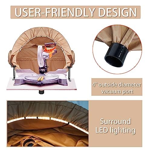 GARVIN Miter Saw Dust Collection Hood with Light, Dust Solution for Table Miter Saw, Chop Saw Hood Dust Collector Attachment, Accessory Holes, with Storage Bag, Fits All Miter Saws Khaki