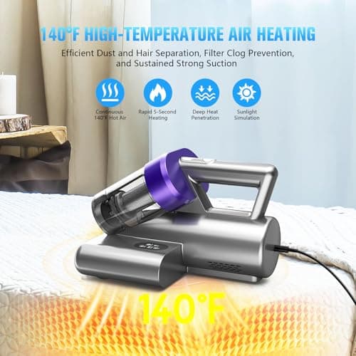 Mattress Vacuum Cleaner,Bed Vacuum Cleaner with UV-C Light,16Kpa,140°F Heat,Ultrasonic,Anion,Handheld Vacuums for Bed,Sofa,Couch,Crib(Corded, Purple)