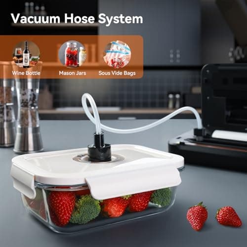 Vacuum Sealer Machine, Food Sealer Machine 80KPA Automatic 8-IN-1 for Food Saving Dry/Moist Mode with Build-in Cutter&Storage, Digital Countdown, Air Suction Hose, 2 Roll-Bags, 11 Vacuum Bags