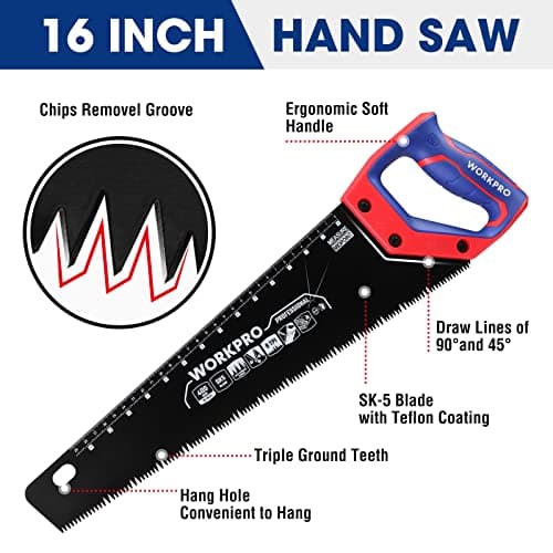 WORKPRO 16-Inch Universal Handsaw with Non-Slip Comfortable Handle, Anti-Rust Wood Saw With Chip Removal Design, Heavy-Duty for Cutting Wood, Laminate, PVC