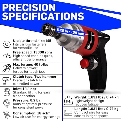 LE LEMATEC Professional Air Impact Driver - 13000 RPM Pneumatic Wrench with Twin Hammer, 40 ft-lb Torque, 1/4" NPT Compact Gun for Automotive, Furniture & Woodworking (LE-ID413)
