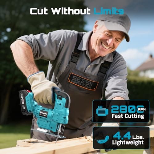 SEESII Cordless Jig Saw 21V, Electric Jigsaw Tool with 2× 2.0Ah Batteries, 2800RPM Variable Speed for Wood Cutting, 0°-45° Bevel Cuts, LED Light, 4 Orbital Settings for Straight/Curve/Circle Cutting