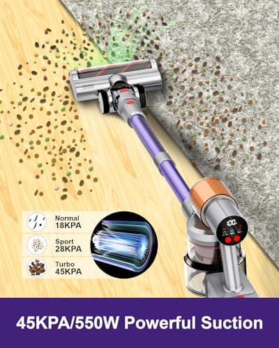 Cordless Vacuum Cleaner, 2 Batteries 120 Mins Runtime, 550W 45KPA Stick Vacuum with Self-Standing, Tangle-Free Brush, LED Display, Vacuum Cleaner for Home Hardwood Floor, Carpet, Pet Hair