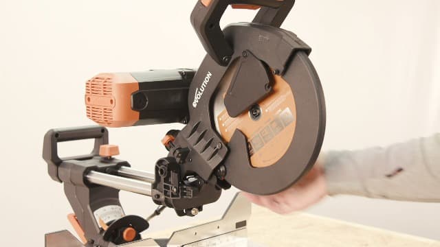 Evolution Power Tools R255SMS-DB+ 10-Inch Dual Bevel Sliding Miter Saw Multi-Material, Multipurpose Cutting Cuts Metal, Plastic, Wood 45˚-45˚ Double Bevel & 50˚-50˚ Miter TCT Blade Included
