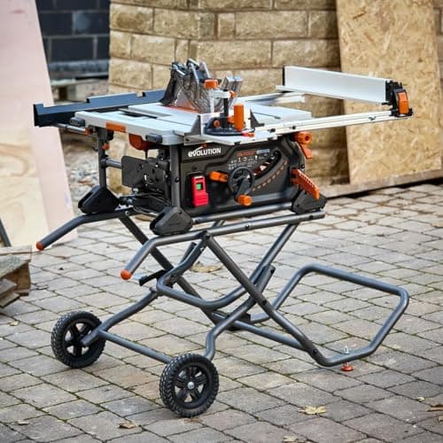 Evolution R10TBLX 10" Jobsite Table Saw with Wheeled Scissor Stand | 15A Motor | Multi-Material Cutting | 10" Blade | 26” Rip | 3-3/8” Depth | 0-45º Bevel | Precision Fence | Portable & Heavy-Duty