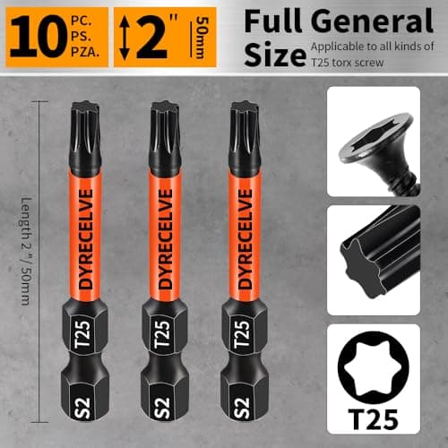 10-Pack T25 Torx Bits for Impact Driver, T-25 Torx/Star Bit Set 2'' Long, Magnetic Torque Head, Premium S2 Alloy Steel, 1/4'' Hex-Shank for Professional & DIY Use