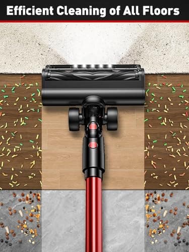 Cordless Vacuum Cleaner, 8-in-1 Vacuum Cleaners for Home, 45Mins Runtime, Anti-Tangle Stick Vacuum with LED Display, Rechargeable Lightweight Vacuum for Pet Hair/Carpet/Floor (Red)