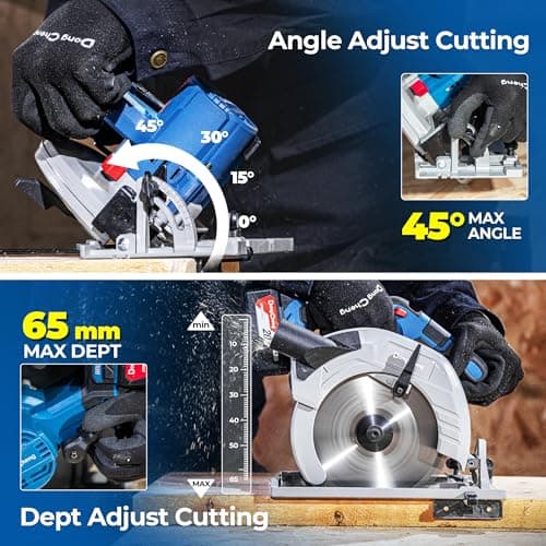 Dong Cheng Cordless Circular Saw 7-1/4-Inch 5,000 Rpm, Cutting Depth 65mm, 0-45° Adjustable, with Dust Collection Adaptor, 24T & 40T TCT Blade Included, Battery and Charger Kit (4.0Ah)