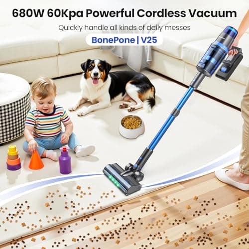 V25 Cordless Vacuum Cleaner, 680W 60Kpa Powerful Stick Vacuum with Dust Sensor, Digital Display, 4000mAh Rechargeable Battery up to 60Mins, Versatile for Pet Hair, Floor, Carpet (Sapphire)