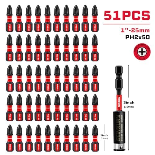 Impact Tough #2 Phillips 1 in. Insert Driver Bits,50Pack PH2 Screwdriver Bits Set with 1Pcs Impact Bit Holder,Bulk