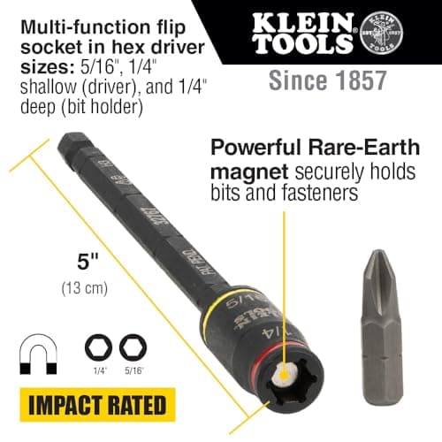 Klein Tools 32768 Impact Driver Set, 3-in-1 SAE Impact Socket and Bit Holder, Flip Socket with Nut Drivers in 1/4 and 5/16 Hex Sizes, 3 and 5-Inch Lengths, 2-Piece