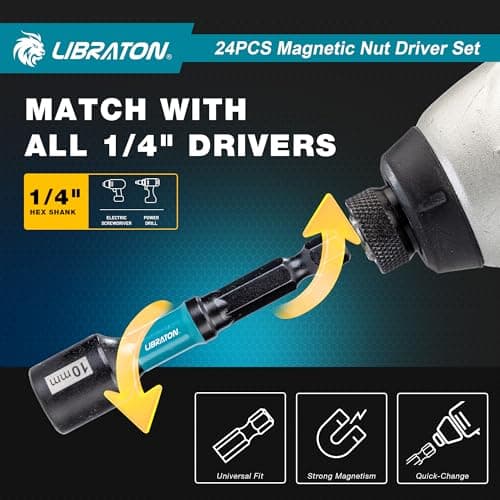 LIBRATON 24PCS Magnetic Nut Driver Set, Impact Drill Driver Bit Set 1/4", Metric and SAE Nut Drivers for Impact Drill, Impact Socket Adapters, Screwdriver Bits, Bit Holder, with Black Phosphating