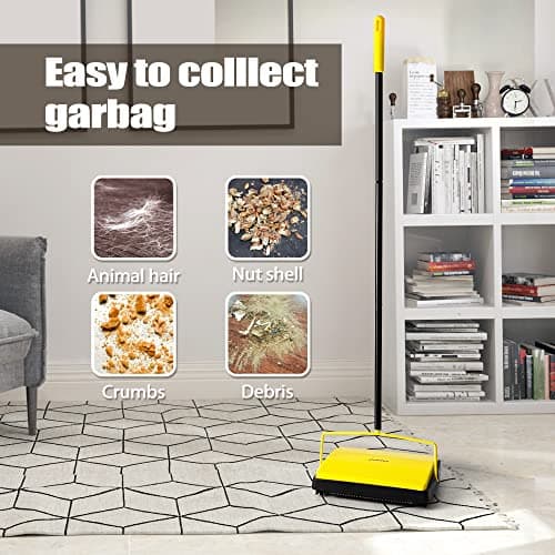 Carpet Sweeper Manual Push with Horsehair Brush, Electrostatic Floor Roller Sweeper Broom Non Electric for Pet Hair, Rug (Yellow)