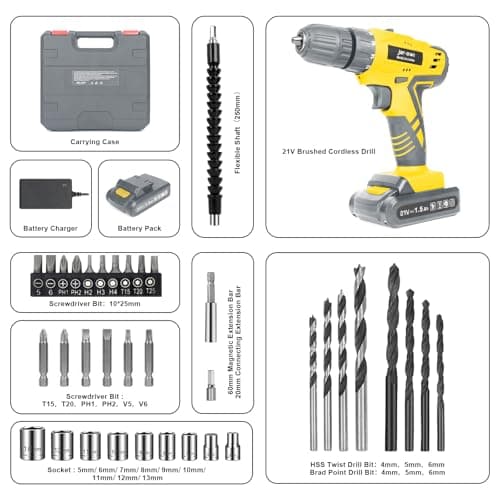 Jar-Owl 21V Cordless Drill Set, 0-1350RMP Variable Speed,350 in-lb Torque,10MM 3/8'' Keyless Chuck, 18+1 Clutch, 1.5Ah Li-Ion Battery & Charger for Home Tool Kit - Black & Yellow
