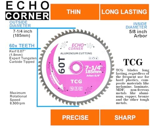 7-1/4 Inch Aluminum Cutting Circular Saw Blade, Fast Dry Cool Clean Cut Off Non-Ferrous Metal Plate/Sheet/Tube, Polycarbonate, Plastics, MDF, TCG 60-Tooth, 5/8-inch Arbor