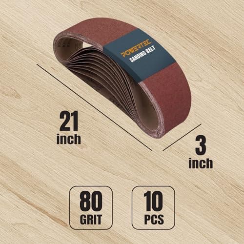 POWERTEC 3 x 21 Inch Sanding Belts, 10PK, 80 Grits Aluminum Oxide Sandpaper, 3x21 Sanding Belt for Portable Belt Sander, Woodworking, Paint Sanding, Metalworking, Rust Removal, Polishing (110430)