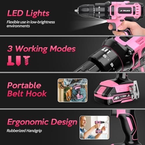 20V Cordless Drill, Electric Power Drill Set with Battery Charger, 3/8” Keyless Chuck, 2 Variable Speed, 18+3 Torque, 72pcs Driver Bits and Belt Hook, Pink