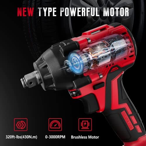 SEYVUM Impact Wrench,1/2" Impact Gun, Power Impact Driver Max Torque 320 Ft-lbs (430N.m), Cordless Impact Wrench with 20V Brushless Motor, 4.0Ah Li-ion Battery with Fast Charger, 4 Pcs Impact Sockets