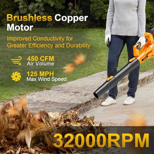 Cordless Leaf Blower, 450CFM/125MPH Six-Speed Adjustment, 2 * 4.5Ah 21V Batteries, High Power Copper Wire Motor with 3 Tube, Lightweight Handheld Blower for Lawn Care, Patio, Blowing Leaves
