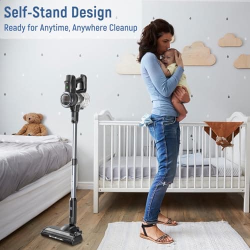 FABULETTA Cordless Vacuum Cleaner, 35Kpa Vacuum Cleaners for Home, Max 50 Mins Runtime, Self-Standing Design, 5-Layer Filtration System, Anti-Tangle Brush, LED Display, Lightweight