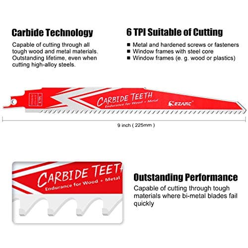 EZARC Carbide Reciprocating Saw Blade R956HM Endurance for Hard Wood and Metal Demolition 9-Inch 6TPI, 3-Pack