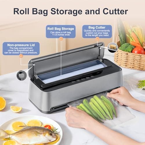 85Kpa Vacuum Sealer Machine for Food, 8-IN-1 Fully Automatic Food Sealer with Built-in Cutter & Bag Storage, Dry/Moist/EXT-VAC Modes, LED Touch Control, Includes 12 Vacuum Bags & 1 Roll Bag