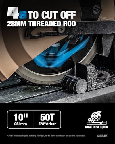 CRALY 10 Inch 50 Teeth Steel and Ferrous Metal Cutting Circular Saw Blade, 5/8 Inch Arbor, Thin Kerf, Professional Carbide Tipped Blade for Angle Iron, Threaded Rod, EMT Conduit(C1050MC)