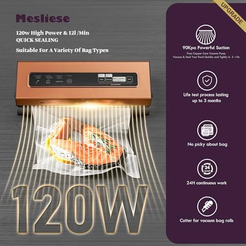 Vacuum Sealer Machine Powerful 90Kpa Precision 6-in-1 Compact Vacuum Food Preservation System Built-in Cutter, 2 Bag Rolls & 5 Pre-cut Bags, Dry&Moist Modes Smart Suction, ETL Listed (Copper)