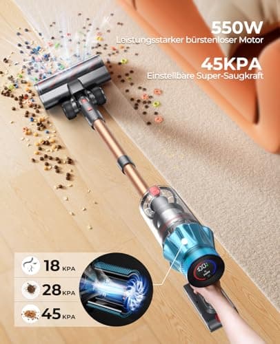 Cordless Vacuum Cleaner 550W/45Kpa, Stick Vacuum Cleaners 60 Mins Max Runtime with Charging Dock, Self-Standing Handheld Vacuum with Touch Display, 6-in-1 Vacuum Cleaner for Carpet/Hard Floor/Pet Hair