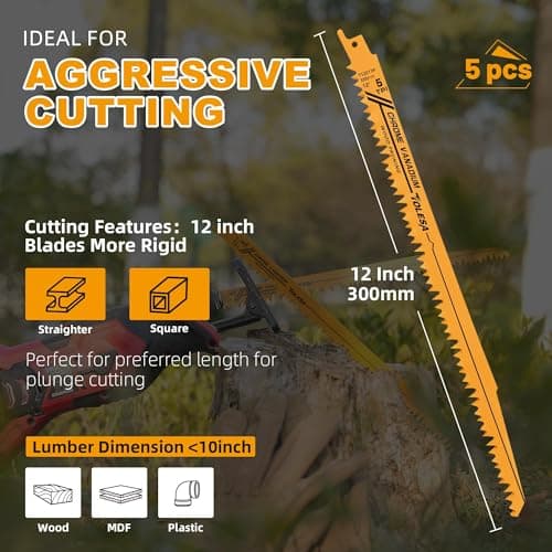 TOLESA CR-V 12 Inch Reciprocating Saw Blades 5 TPI (5 Pack), Wood Pruning Sawzall Blades for Tree Trimming Cutting