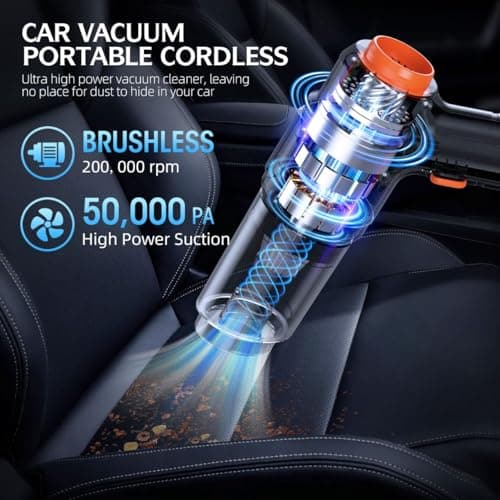 Car Vacuum Portable Cordless, 50,000Pa High Power Dust Buster, 6-in-1 Handheld Vacuum Cleaners for Home, Car, Pet Hair, Keyboard, Black