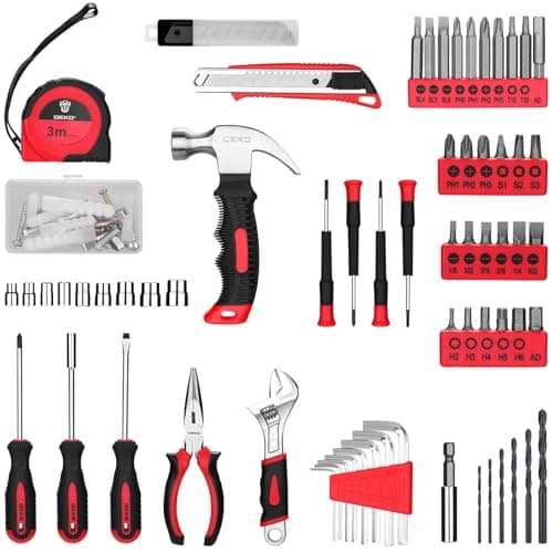 DEKOPRO Drill Set: Tool Set with 8V Red Cordless Drill, Home Tool Kit with Drill, Hand Tool Kits for Women 126 Piece
