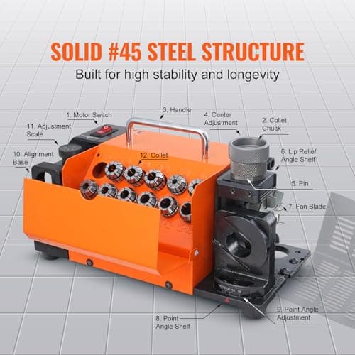 VEVOR Drill Bits Sharpener, 3-13mm Drill Bits Grinder Sharpener, Lip Relief Angle & 95°-135° Point Angle Adjustable Drill Bit Re-Sharpener, Portable Sharpening Machine with 11 Collets, CBN & SDC Wheel