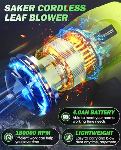 Saker Cordless Leaf Blower Handheld Turbo Jet Blower Portable Dust Cleaner 180000 RPM with Adjustable Speed for Drying Patio Cleaning Camping 2 Batteries Green with Case