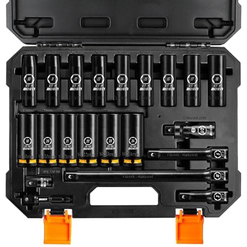 BOEN Pro 1/2" Drive Metric Deep Impact Socket Set, 21-Piece CR-MO &CR-V Steel, Upgraded Torque & Durability, 10mm-24mm, Includes Extension Bars, Universal Joint, Adapter – Meets ANSI