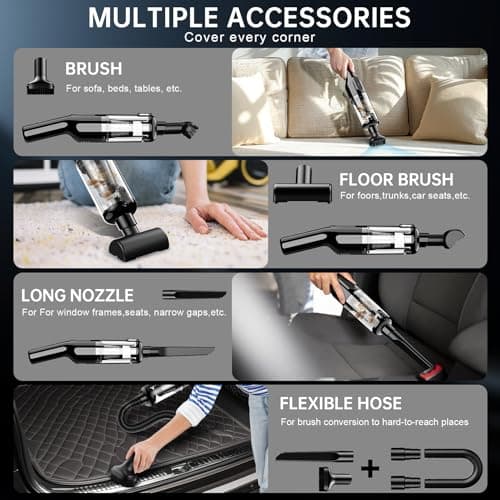 Handheld Vacuum Cordless, Car Vacuum with 16000Pa Powerful Suction, Lightweight at 1.3 lbs, Type-C Charge, Multiple Accessories, Rechargeable Vacuum Cleaners for Home Office Car Pet